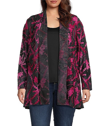 Calessa Plus Size Burnout Tie-Dye Knit Wrist Sleeve Open-Front Cardigan