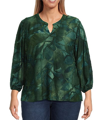 Calessa Plus Size Burnout Tie-Dye Split V-Neck Long Sleeve Tunic