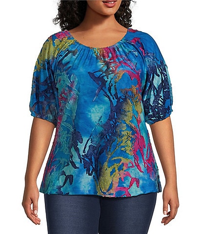 Calessa Plus Size Burnout Tie-Dyed Print Scoop Neck Elbow Sleeve Peasant Tunic