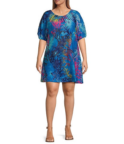 Calessa Plus Size Burnout Tie Dyed Print Scoop Neck Short Sleeve Shift Dress