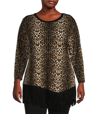 Calessa Plus Size Cheetah Print Jewel Neck Long Sleeve Fringe Asymmetric Hem Knit Tunic