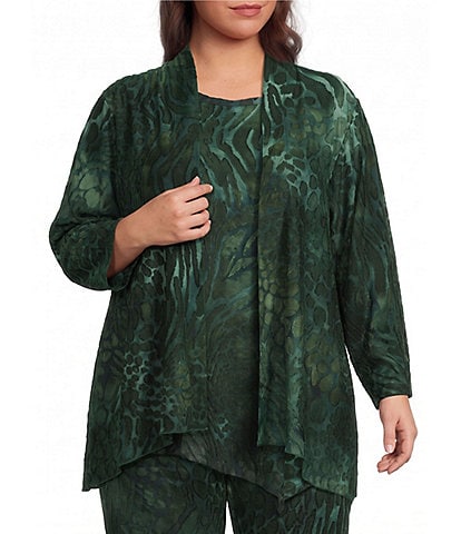 Calessa Plus Size Coordinating Jacquard Knit Draped Neck Long Sleeve Open Front Cardigan