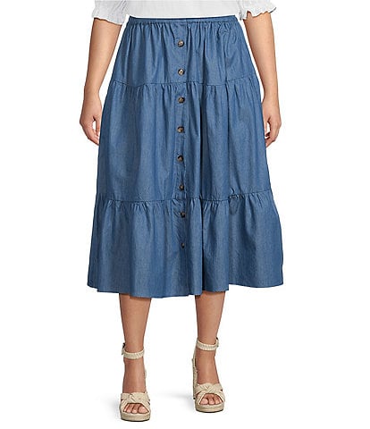 Calessa Plus Size Cotton Tiered Button-Front Skirt