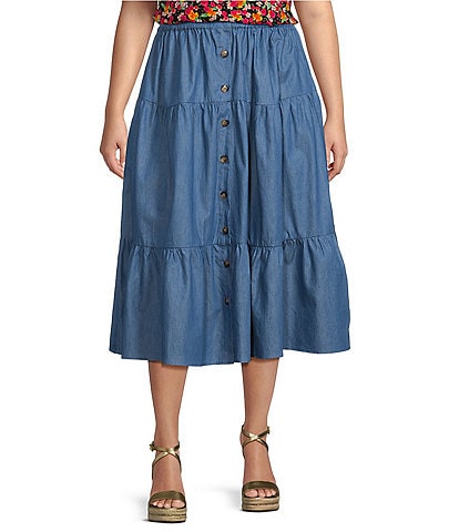 Calessa Plus Size Cotton Tiered Button-Front Skirt