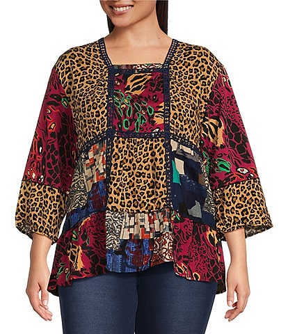 Calessa Plus Size Patchwork Printed Square Neck 3/4 Sleeve Top