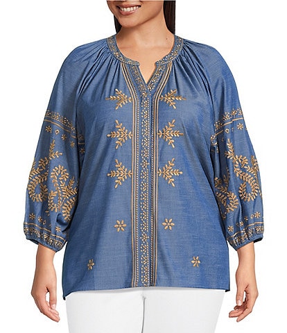 Calessa Plus Size Embroidered Chambray Split V-Neck Long Sleeve Tunic