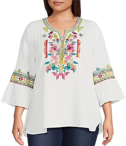 Calessa Plus Size Embroidered Crinkle Woven Split V-Neck 3/4 Ruffled Sleeve Tunic