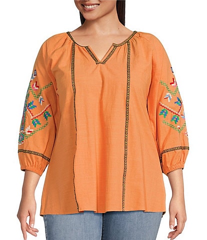 Calessa Plus Size Embroidered Crinkled Floral Print Notch Collar Neck 3/4 Sleeve Tunic