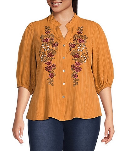Calessa Plus Size Embroidered Floral Split V-Neck 3/4 Sleeve Button Front Tunic