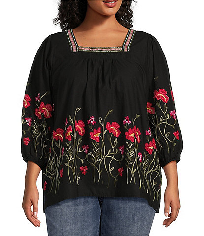 Calessa Plus Size Embroidered Floral Square Neck Bracelet Length Sleeve Tunic