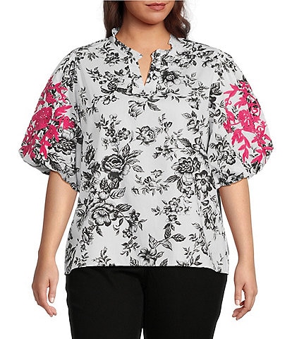 Calessa Plus Size Embroidered Forest Floral Split V-Neck Short Balloon Sleeve Tunic
