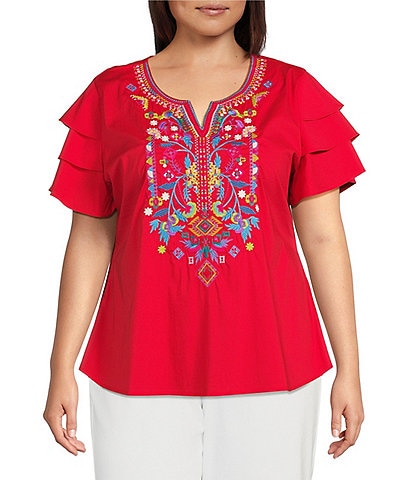 Calessa Plus Size Embroidered Front Notch V-Neckline Short Ruffle Tiered Sleeve Tunic Top