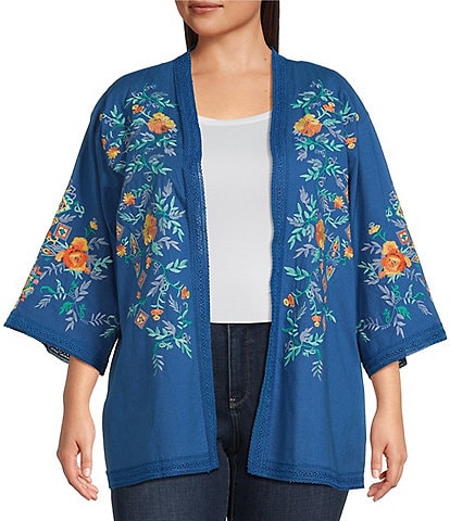Calessa Plus Size Embroidered Lace Trim Detail Long Sleeve Open-Front Kimono Cardigan
