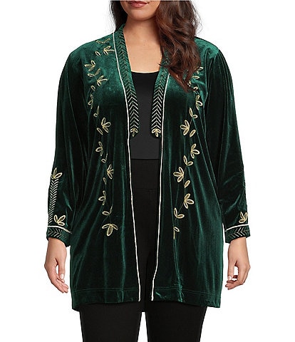 Calessa Plus Size Embroidered Long Sleeve Open-Front Velvet Cardigan