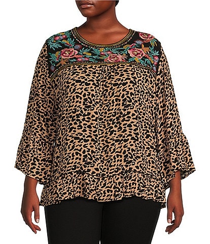 Calessa Plus Size Embroidered Mini Animal Print Crew Neckline 3/4 Sleeve Top