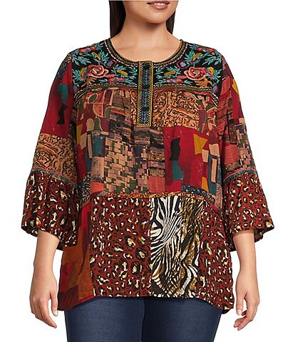 Calessa Plus Size Embroidered Patchwork 3/4 Bell Sleeve Henley Tunic