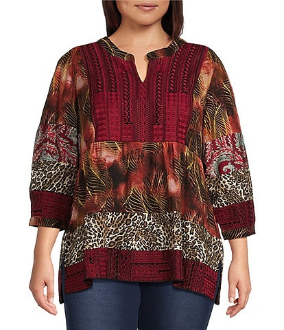 Calessa Plus Size Embroidered Patchwork Print Split Round Band Collar 3/4 Sleeve Tunic