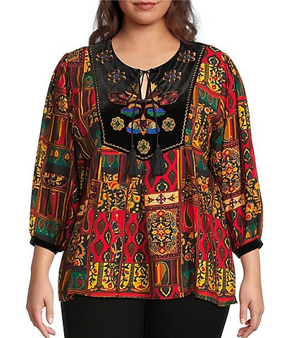 Calessa Plus Size Embroidered Patchwork Print Split V-Neck 3/4 Sleeve Tassel Tie Tunic