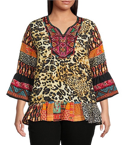 Calessa Plus Size Embroidered Patchwork Print Split V-Neck 3/4 Sleeve Tunic