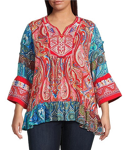 Calessa Plus Size Embroidered Patchwork Print Split V-Neck 3/4 Sleeve Tunic