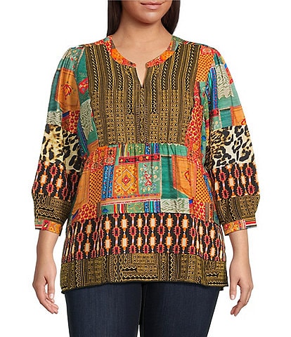 Calessa Plus Size Embroidered Patchwork Split V-Neck 3/4 Sleeve Tunic