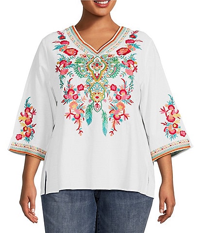 Calessa Plus Size Embroidered Patchwork Woven V-Neck 3/4 Sleeve Tunic