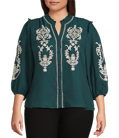Calessa Plus Size Embroidered Placement Print Ruffle Split V-Neck 3/4 Sleeve Button Front Tunic