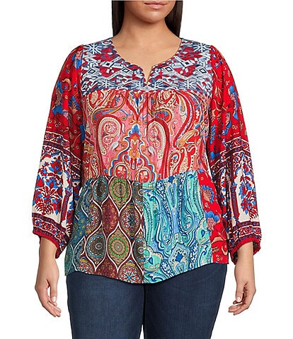 Calessa Plus Size Embroidered Printed Split V-Neck 3/4 Sleeve Tunic