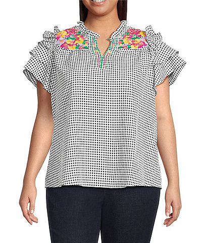 Calessa Plus Size Embroidered Printed Split V-Neck Short Sleeve Ruffle Tunic