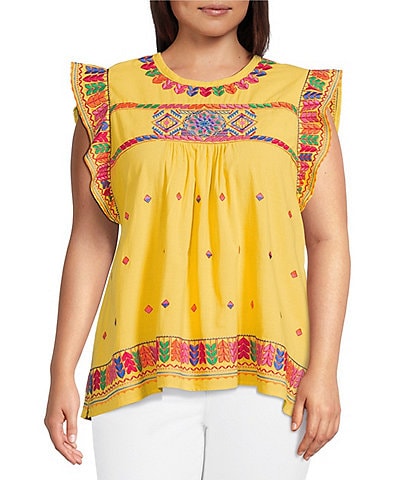 Calessa Plus Size Embroidered Round Neck Ruffle Cap Sleeve Tunic