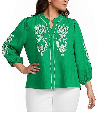 Calessa Plus Size Embroidered Ruffle Split V-Neck 3/4 Sleeve Button Front Tunic