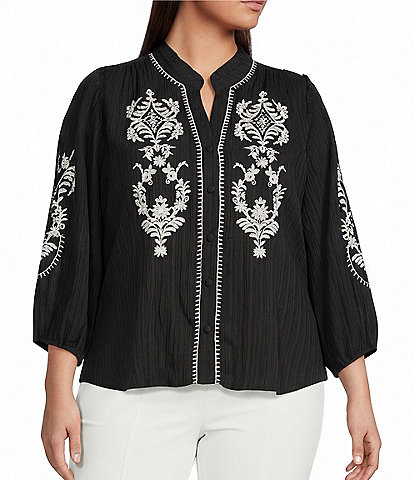 Calessa Plus Size Embroidered Ruffle Split V-Neck 3/4 Sleeve Button Front Tunic