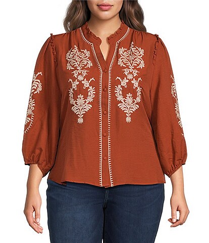 Calessa Plus Size Embroidered Ruffle Split V-Neck 3/4 Sleeve Button Front Tunic