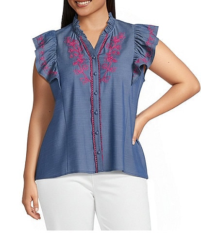 Calessa Plus Size Embroidered Ruffle Split V-Neck Cap Sleeve Button Front Top