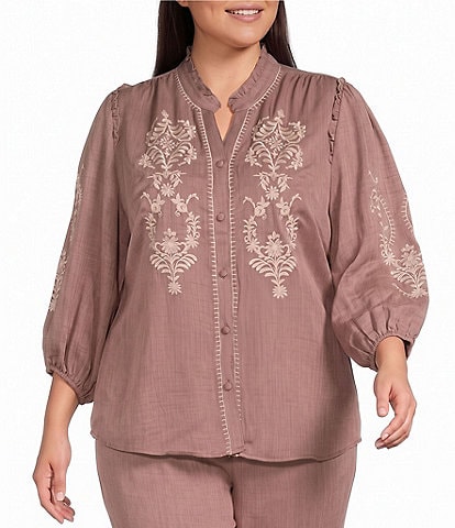 Calessa Plus Size Embroidered Ruffle Trim Mandarin Collar 3/4 Puff Sleeve Button-Front Coordinating Top