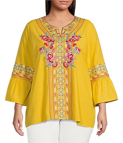 Calessa Plus Size Embroidered Split Neck Tie Detail 3/4 Sleeve Pullover Blouse