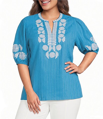 Calessa Plus Size Embroidered Split Round Neck Elbow Puff Sleeve Tunic