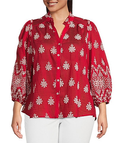 Calessa Plus Size Embroidered Split V-Neck 3/4 Sleeve Button Front Tunic