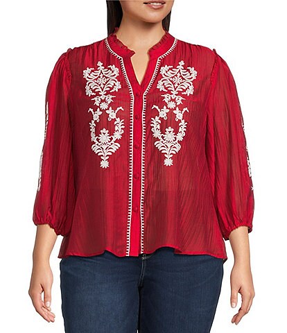 Calessa Plus Size Embroidered Split V-Neck 3/4 Sleeve Button Front Tunic