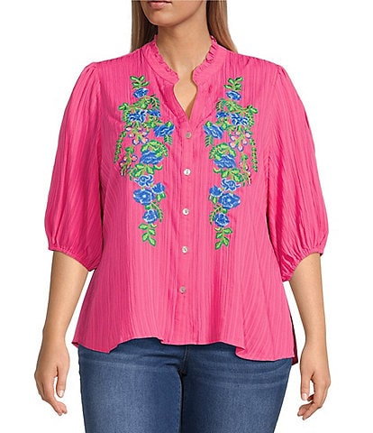 Calessa Plus Size Embroidered Split V-Neck 3/4 Sleeve Shirttail Hem Button Front Tunic