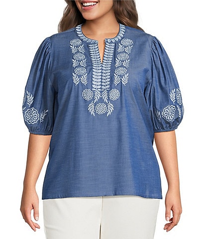 Calessa Plus Size Embroidered Split V-Neck 3/4 Sleeve Tunic