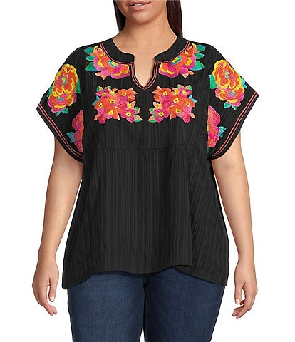 Calessa Plus Size Embroidered Split V-Neck Cap Sleeve Tunic