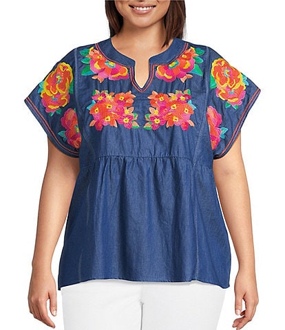 Calessa Plus Size Embroidered Split V-Neck Cap Sleeve Tunic