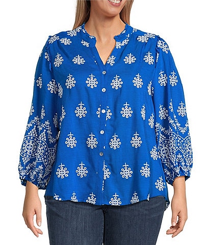 Calessa Plus Size Embroidered Split V-Neck Long Sleeve Button Front Tunic