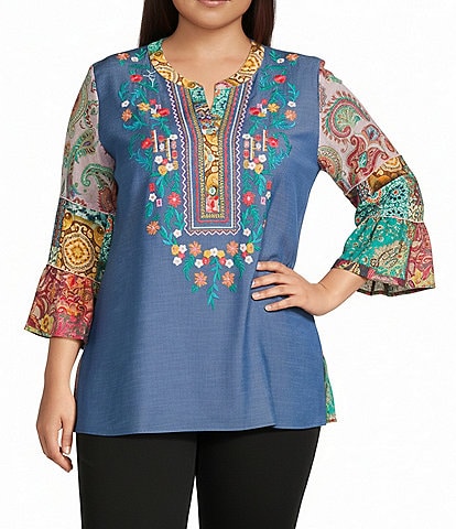 Calessa Plus Size Embroidered Split V-Neck Patchwork-Sleeve Tunic