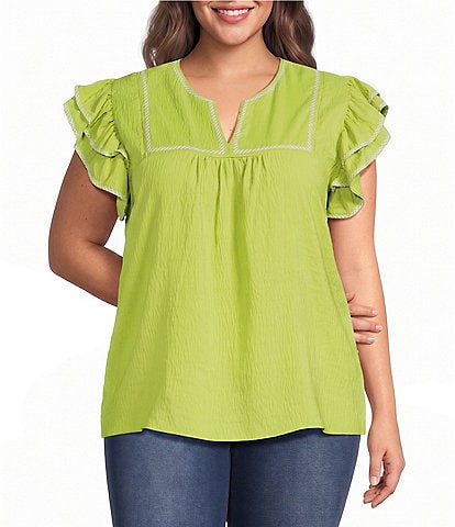 Calessa Plus Size Embroidered Split V-Neck Ruffle Sleeve Tunic