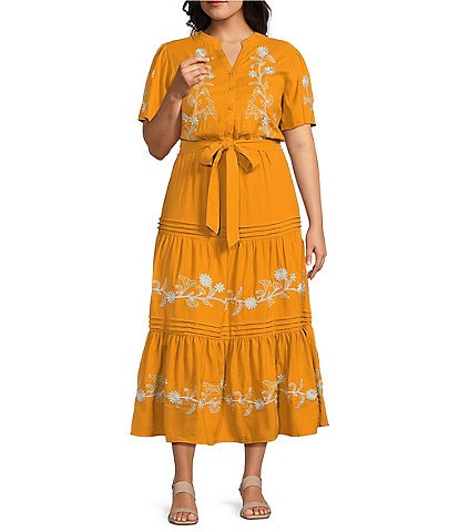 Calessa Plus Size Embroidered Split V-Neck Short Balloon Sleeve A-Line Tiered Belted Maxi Dress