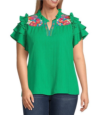 Calessa Plus Size Embroidered Split V-Neck Short Ruffle Sleeve Tunic