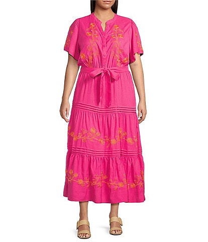 Calessa Plus Size Embroidered Split V-Neck Short Sleeve Belted Dress