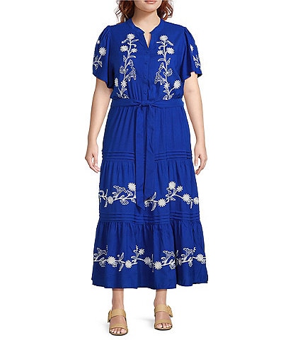 Calessa Plus Size Embroidered Split V-Neck Short Sleeve Tiered Belted Maxi Dress
